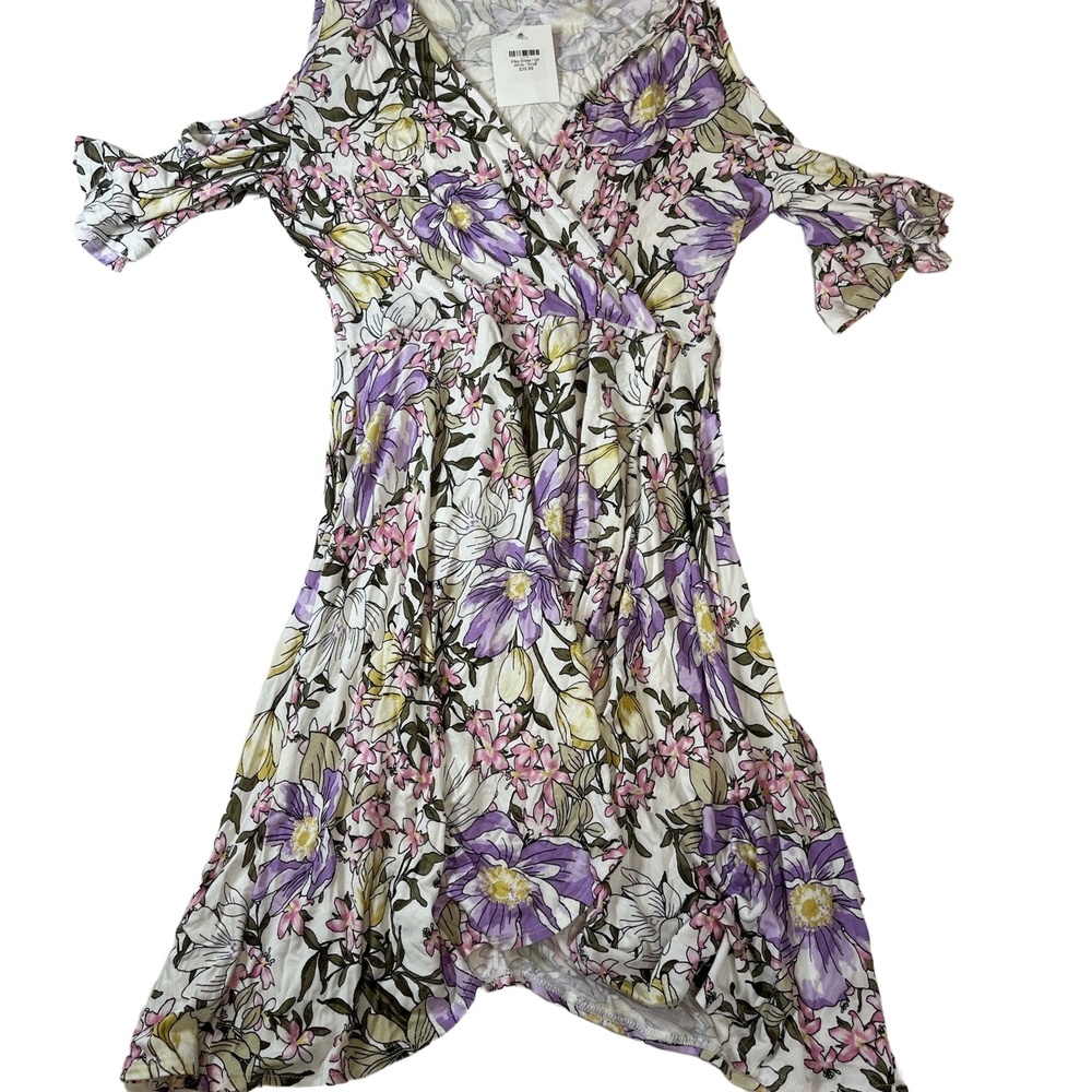 NWT Oddi Small Floral Pattern Wrap Ruffle Sleeve VNeck Cold‎ Shoulder Dress